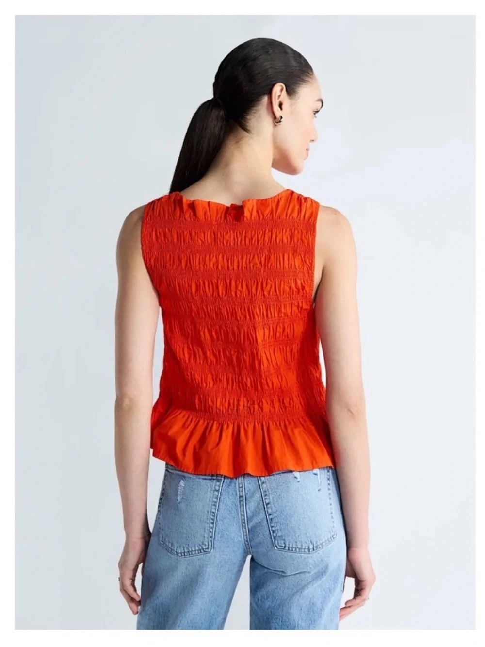 Sleeveless Smocked Peplum Top Bright Orange Coastal Summer Ruffle Top Size Large - Picture 2 of 14